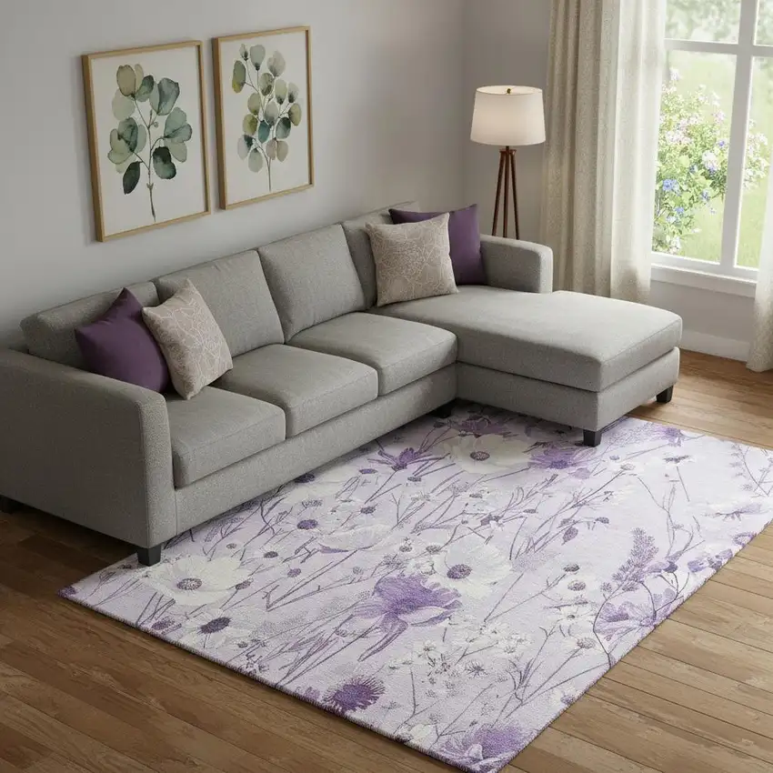 Lavender And Ivory Floral Washable Area Rug With UV Protection Photo 2