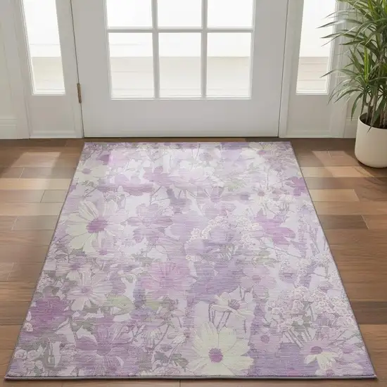 Lavender And Ivory Floral Washable Area Rug With UV Protection Photo 2