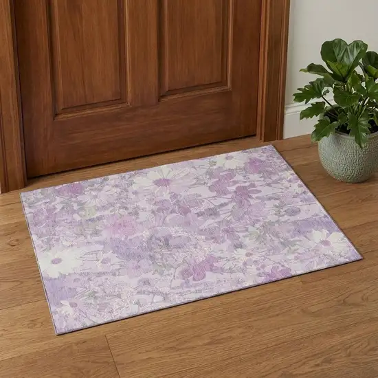 Lavender And Ivory Floral Washable Area Rug With UV Protection Photo 1