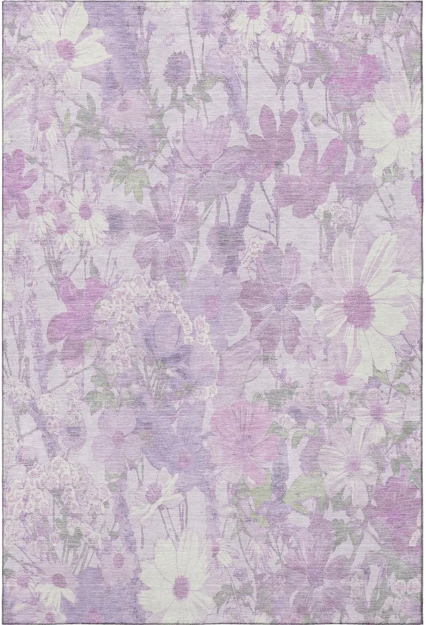 Lavender And Ivory Floral Washable Area Rug With UV Protection Photo 3