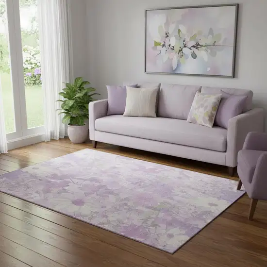 Lavender And Ivory Floral Washable Area Rug With UV Protection Photo 2