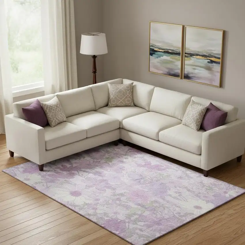 Lavender And Ivory Floral Washable Area Rug With UV Protection Photo 2