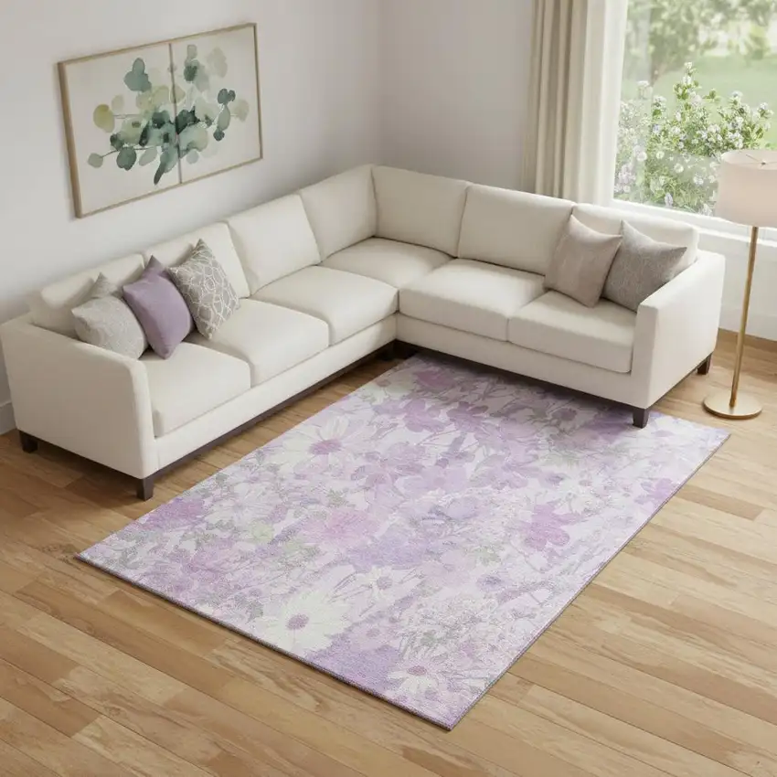 Lavender And Ivory Floral Washable Area Rug With UV Protection Photo 2