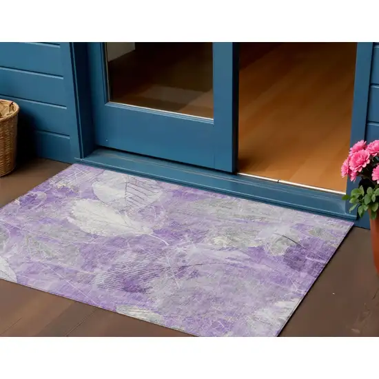 Lavender And Ivory Floral Washable Indoor Outdoor Area Rug Photo 2