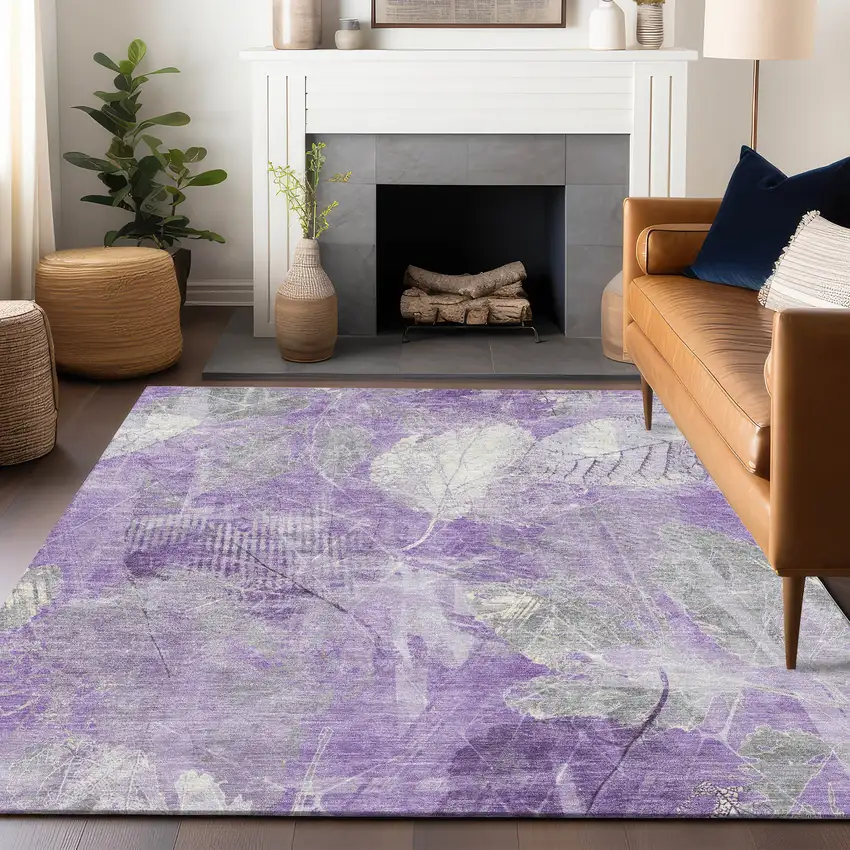 Lavender And Ivory Floral Washable Indoor Outdoor Area Rug Photo 5