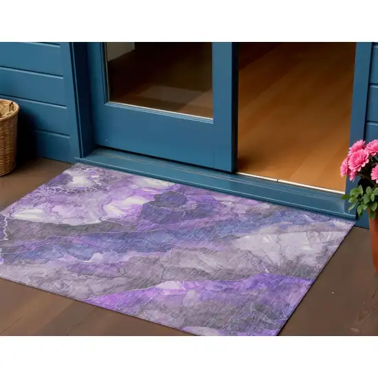 Lavender And Ivory Floral Washable Indoor Outdoor Area Rug Photo 2