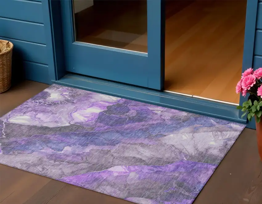 Lavender And Ivory Floral Washable Indoor Outdoor Area Rug Photo 2