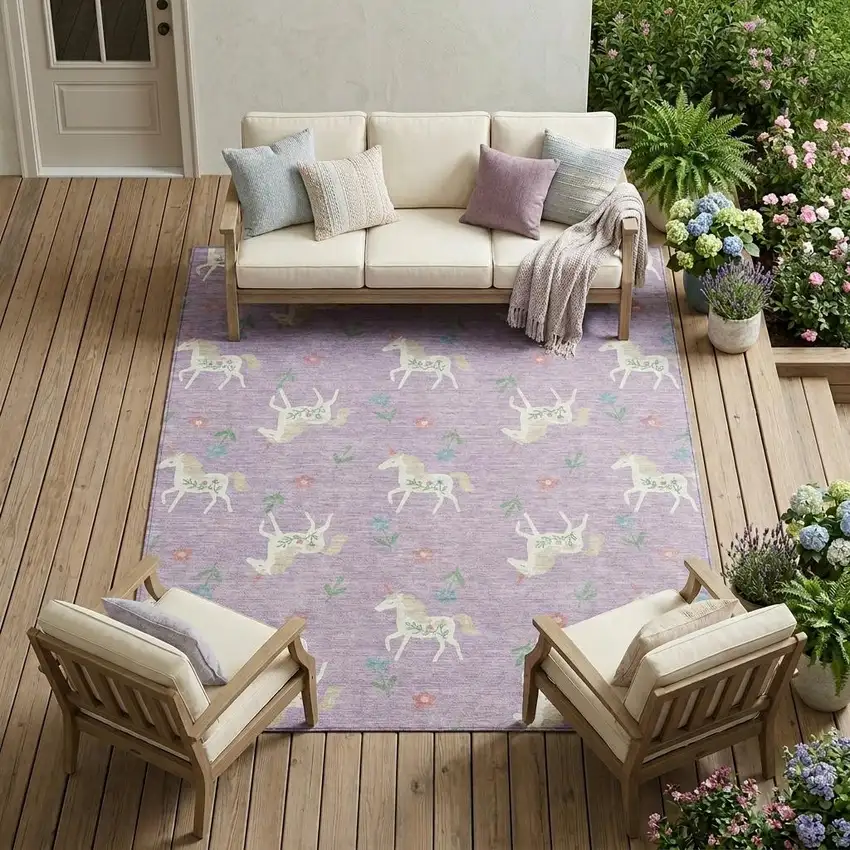 Lavender And Ivory Floral Washable Indoor Outdoor Area Rug Photo 1