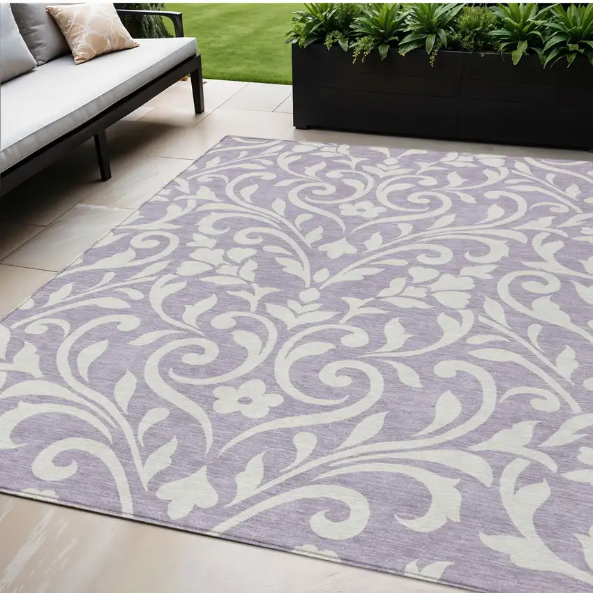 Lavender And Ivory Floral Washable Indoor Outdoor Area Rug Photo 1