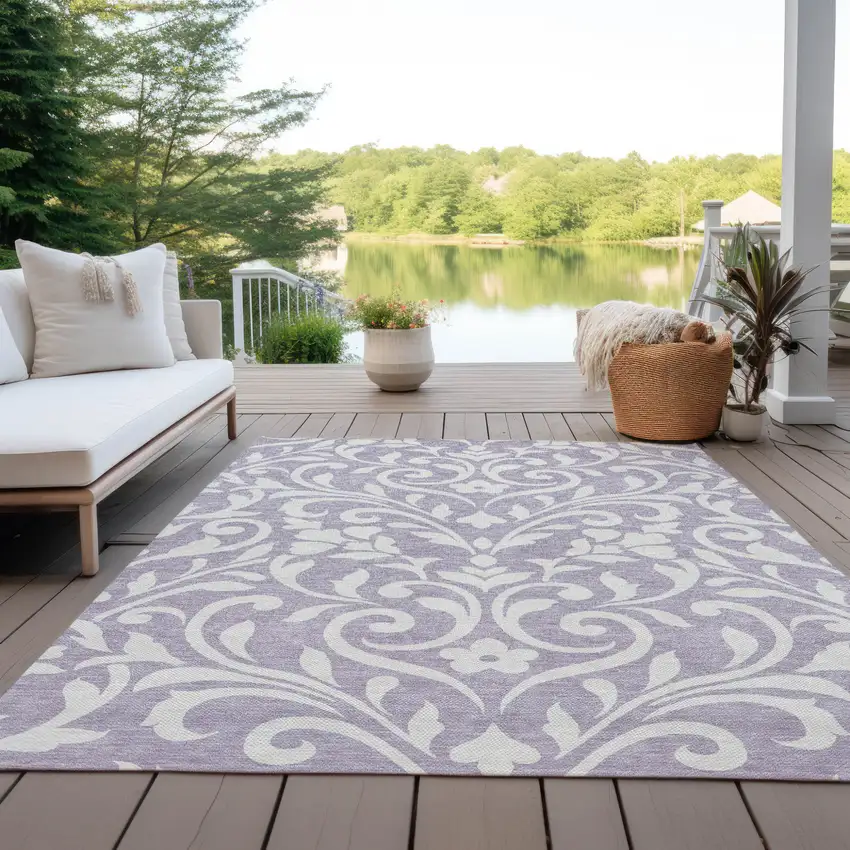 Lavender And Ivory Floral Washable Indoor Outdoor Area Rug Photo 8