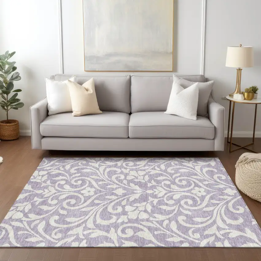 Lavender And Ivory Floral Washable Indoor Outdoor Area Rug Photo 9