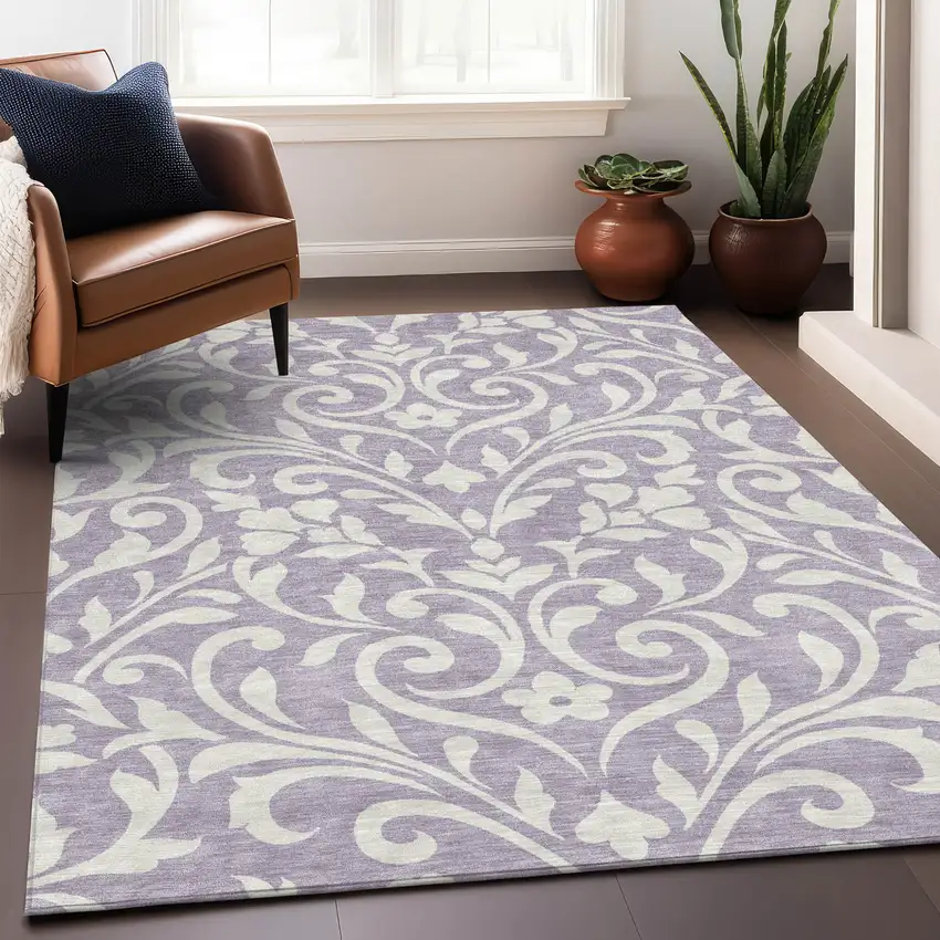 Lavender And Ivory Floral Washable Indoor Outdoor Area Rug Photo 8