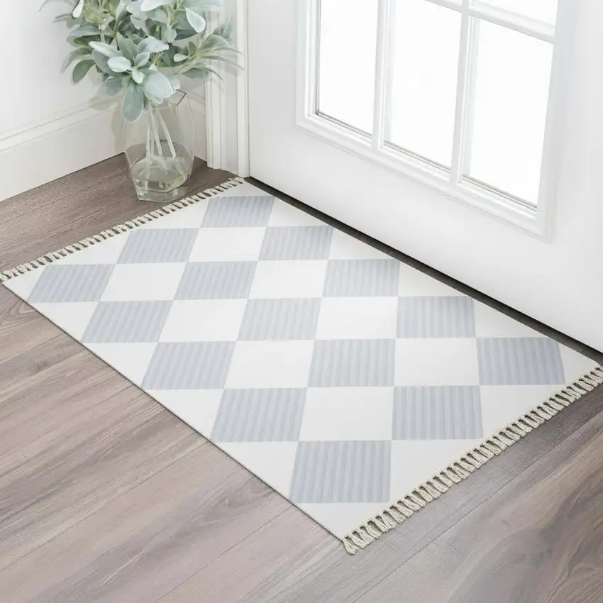 Lavender And Ivory Geometric Washable Area Rug With Fringe Photo 1