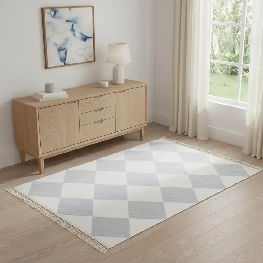 Lavender And Ivory Geometric Washable Area Rug With Fringe Photo 1