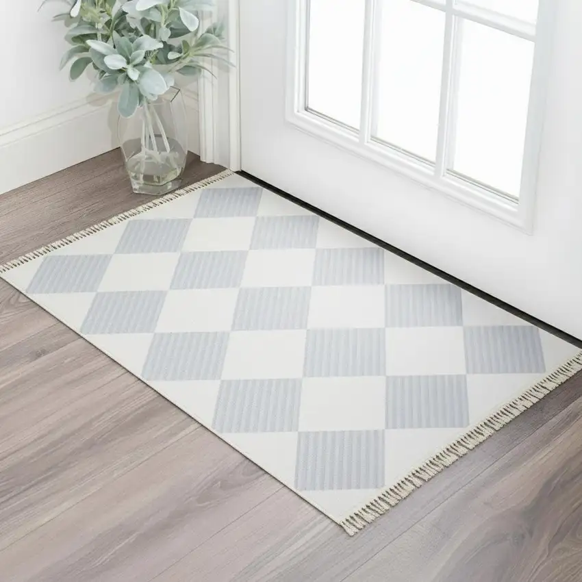 Lavender And Ivory Geometric Washable Area Rug With Fringe Photo 1