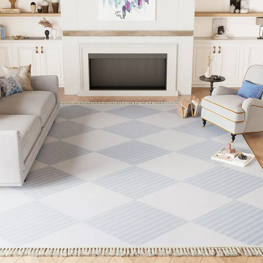 Lavender And Ivory Geometric Washable Area Rug With Fringe Photo 4