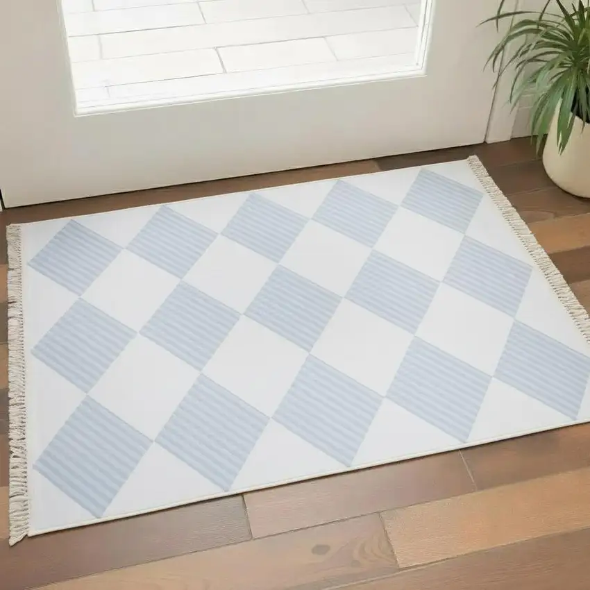 Lavender And Ivory Geometric Washable Area Rug With Fringe Photo 1