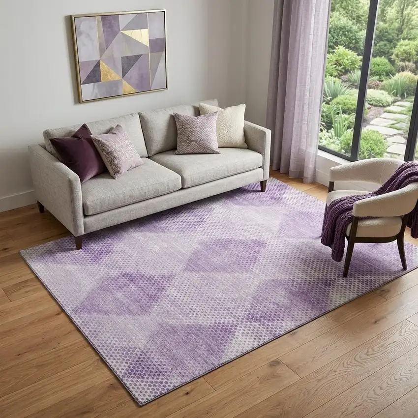 Lavender And Ivory Geometric Washable Area Rug With UV Protection Photo 1