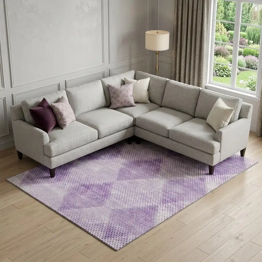 Lavender And Ivory Geometric Washable Area Rug With UV Protection Photo 1