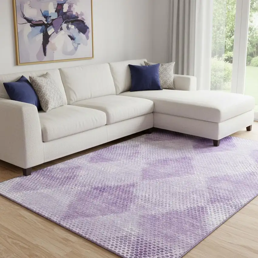 Lavender And Ivory Geometric Washable Area Rug With UV Protection Photo 1
