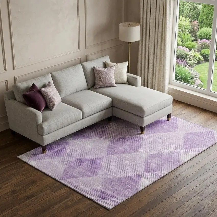 Lavender And Ivory Geometric Washable Area Rug With UV Protection Photo 1