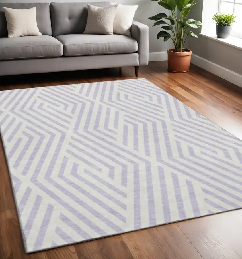 Lavender And Ivory Geometric Washable Area Rug With UV Protection Photo 2