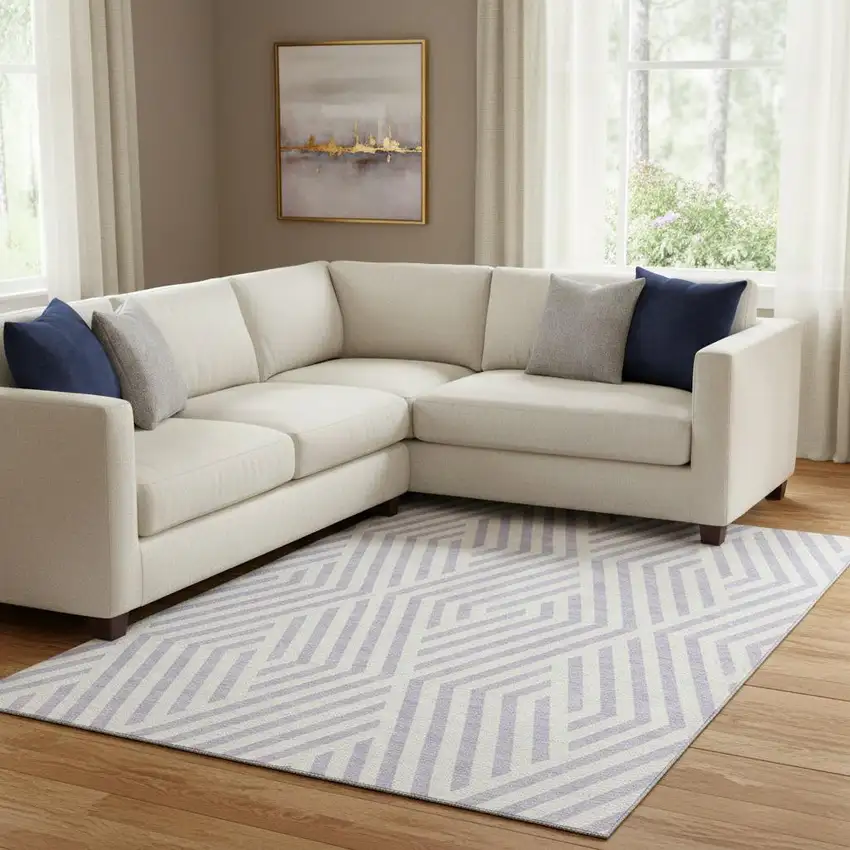 Lavender And Ivory Geometric Washable Area Rug With UV Protection Photo 1