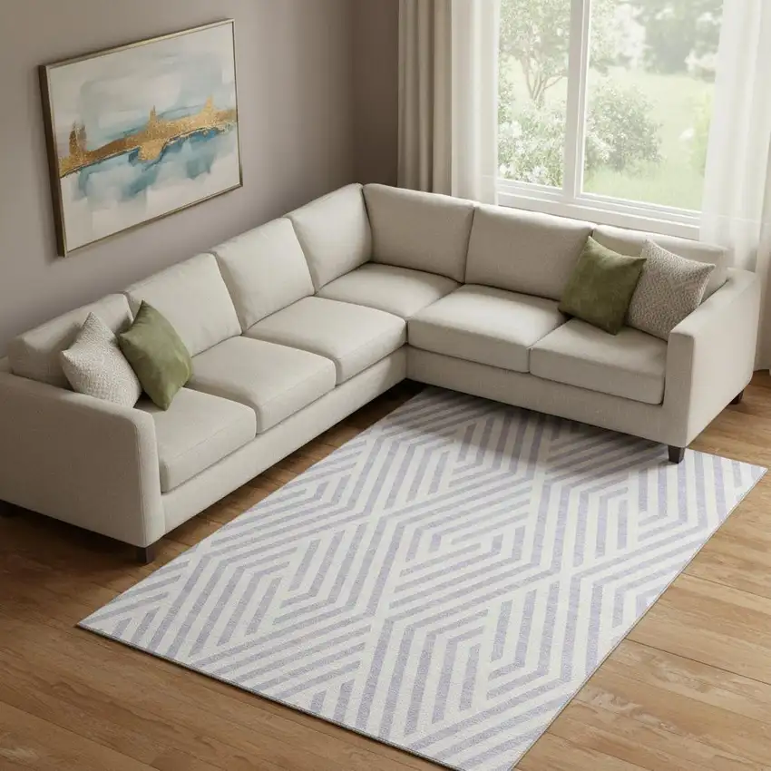 Lavender And Ivory Geometric Washable Area Rug With UV Protection Photo 1