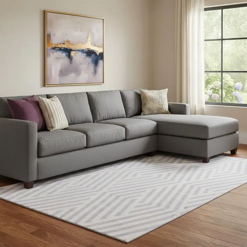 Lavender And Ivory Geometric Washable Area Rug With UV Protection Photo 1