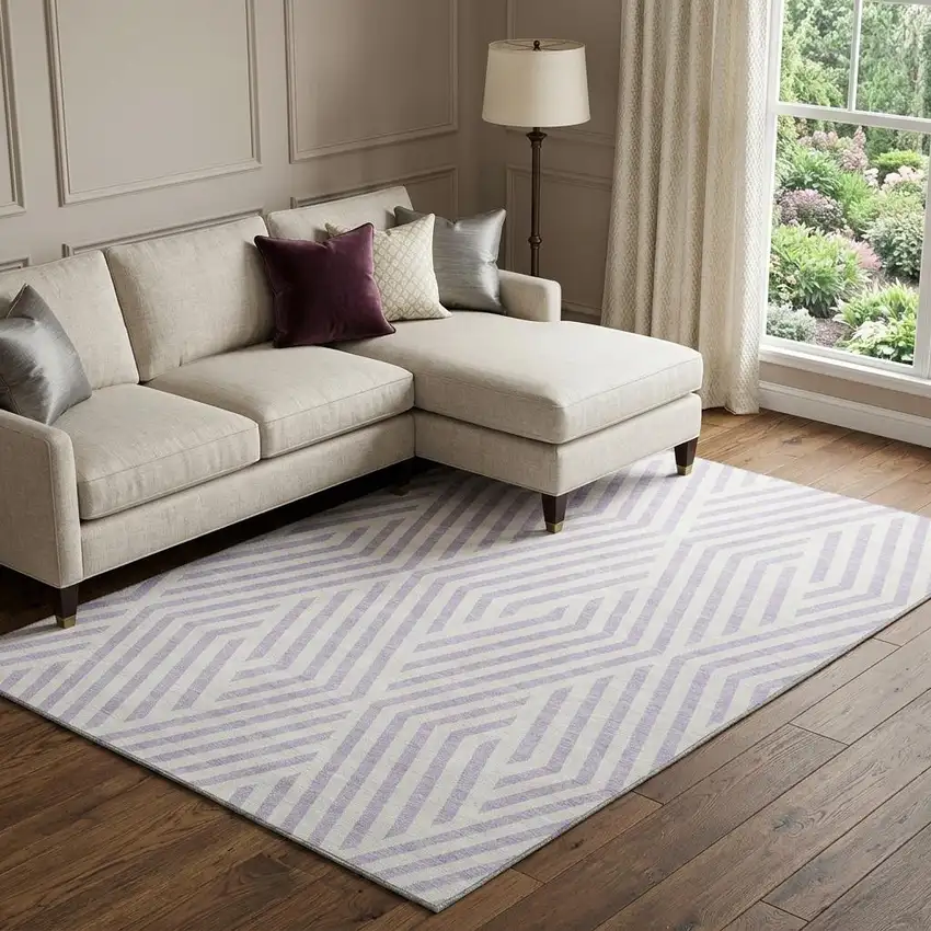 Lavender And Ivory Geometric Washable Area Rug With UV Protection Photo 1