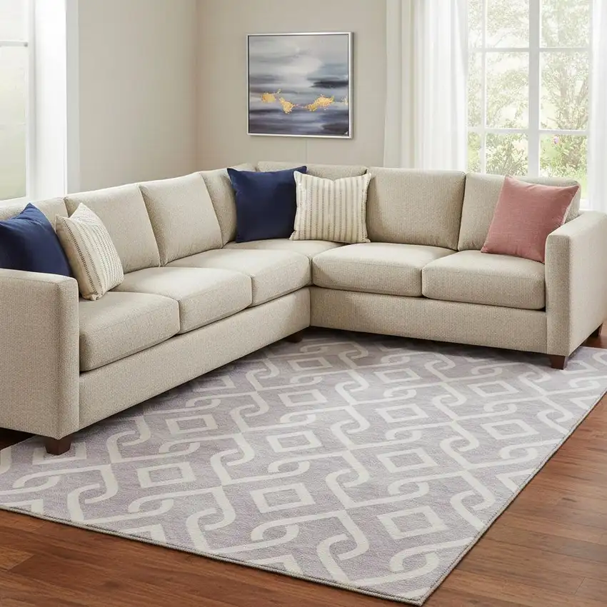 Lavender And Ivory Geometric Washable Area Rug With UV Protection Photo 1