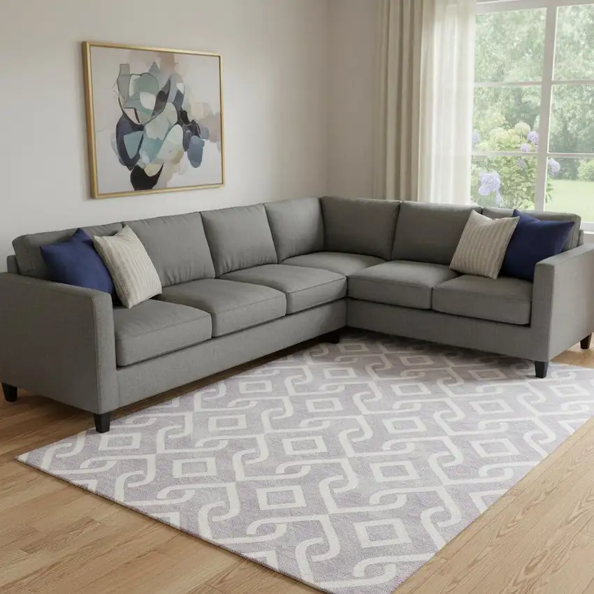 Lavender And Ivory Geometric Washable Area Rug With UV Protection Photo 1