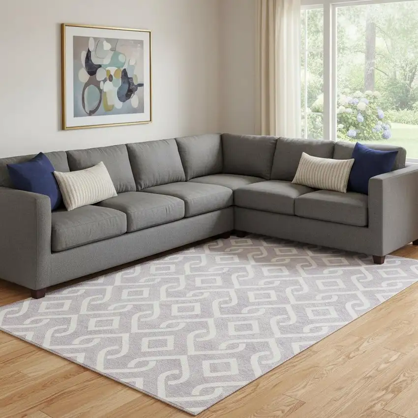 Lavender And Ivory Geometric Washable Area Rug With UV Protection Photo 1