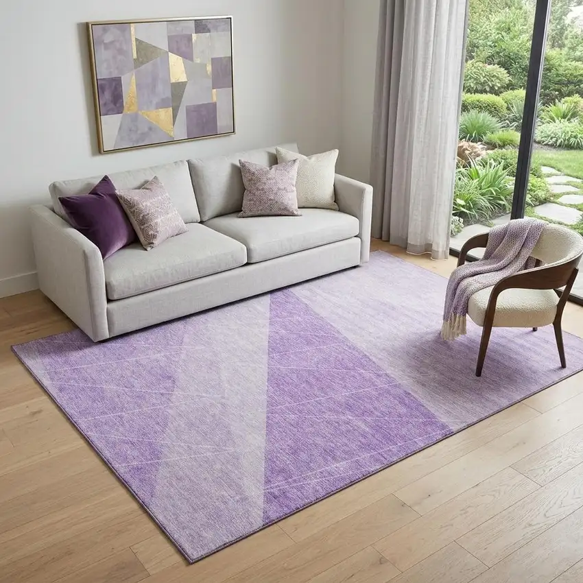 Lavender And Ivory Geometric Washable Area Rug With UV Protection Photo 1