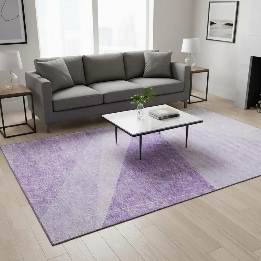 Lavender And Ivory Geometric Washable Area Rug With UV Protection Photo 1
