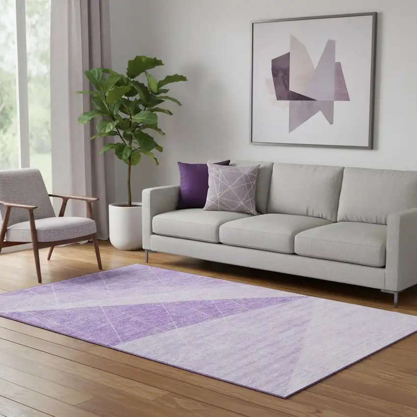 Lavender And Ivory Geometric Washable Area Rug With UV Protection Photo 1