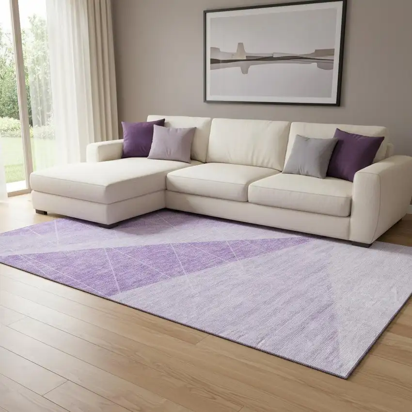 Lavender And Ivory Geometric Washable Area Rug With UV Protection Photo 1