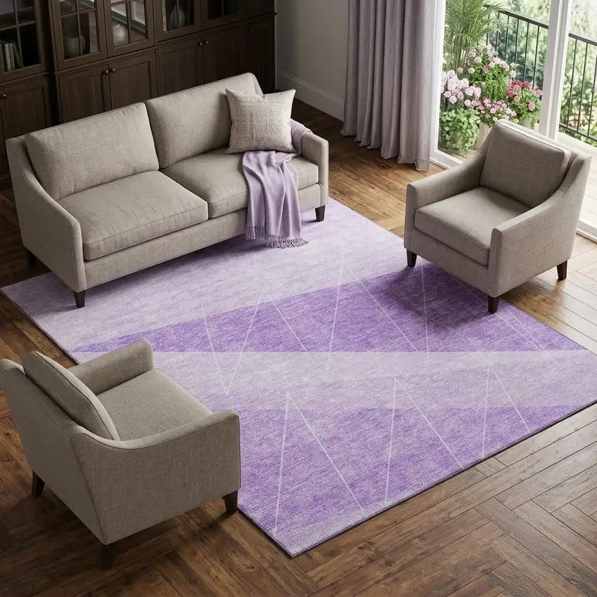 Lavender And Ivory Geometric Washable Area Rug With UV Protection Photo 1