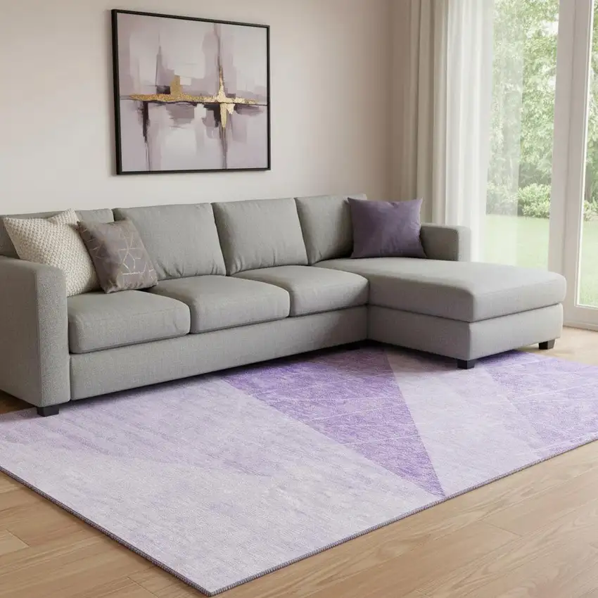 Lavender And Ivory Geometric Washable Area Rug With UV Protection Photo 1