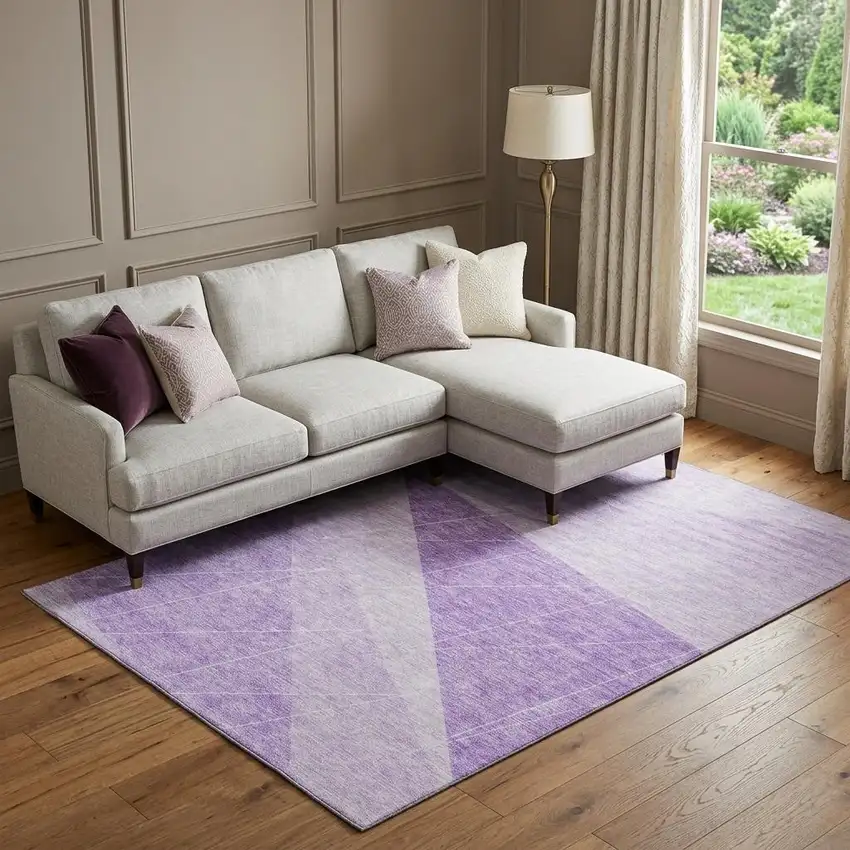 Lavender And Ivory Geometric Washable Area Rug With UV Protection Photo 1