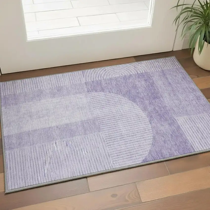 Lavender And Ivory Geometric Washable Area Rug With UV Protection Photo 2