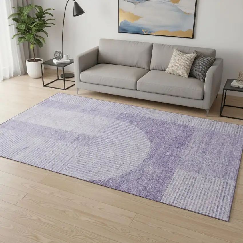 Lavender And Ivory Geometric Washable Area Rug With UV Protection Photo 1