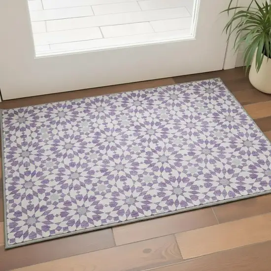 Lavender And Ivory Geometric Washable Area Rug With UV Protection Photo 2