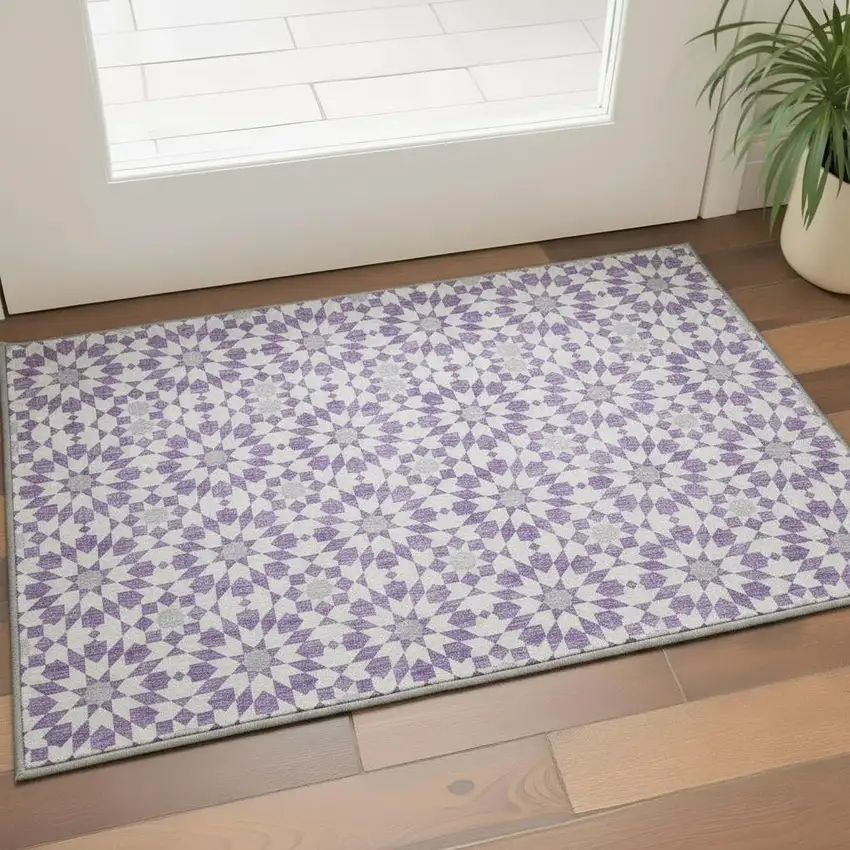 Lavender And Ivory Geometric Washable Area Rug With UV Protection Photo 2