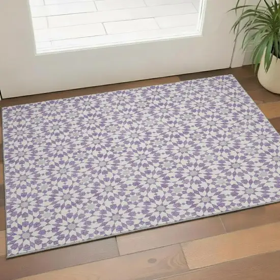 Lavender And Ivory Geometric Washable Area Rug With UV Protection Photo 1
