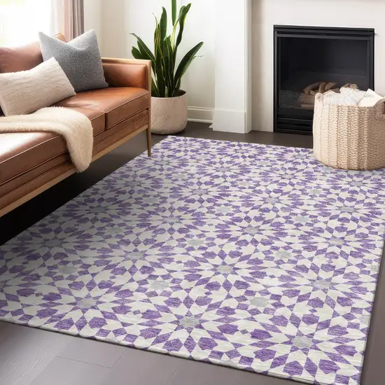 Lavender And Ivory Geometric Washable Area Rug With UV Protection Photo 6