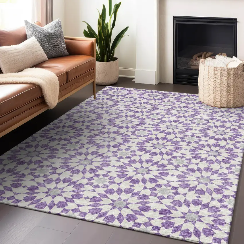 Lavender And Ivory Geometric Washable Area Rug With UV Protection Photo 6