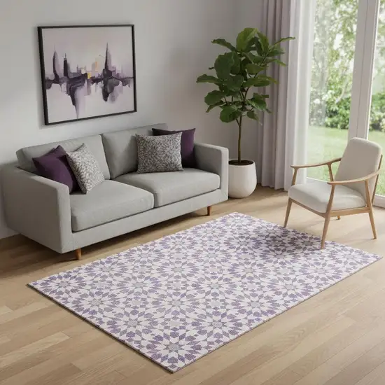 Lavender And Ivory Geometric Washable Area Rug With UV Protection Photo 1