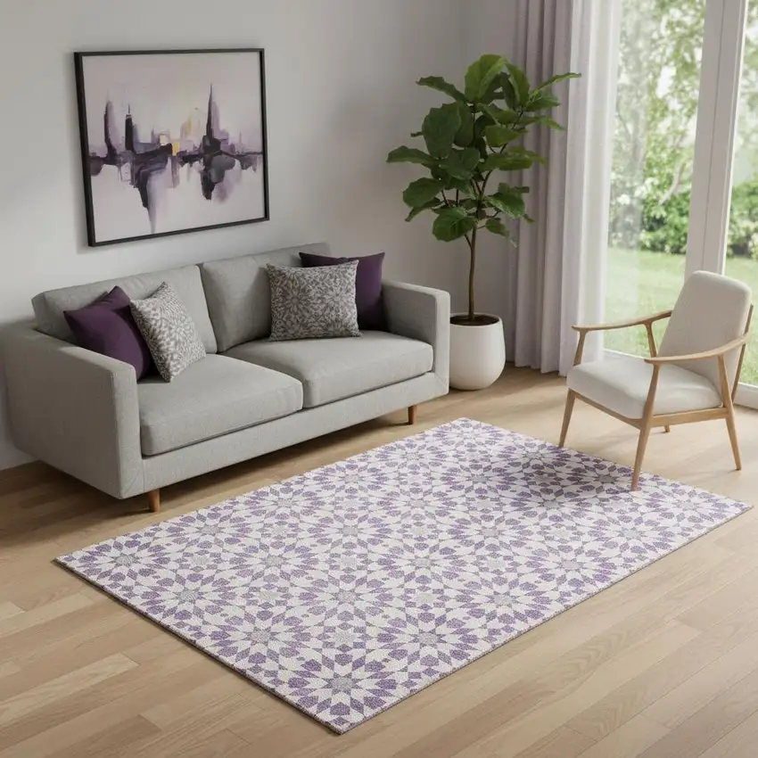Lavender And Ivory Geometric Washable Area Rug With UV Protection Photo 1