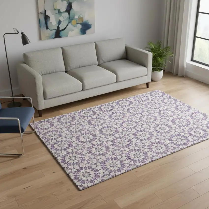 Lavender And Ivory Geometric Washable Area Rug With UV Protection Photo 2